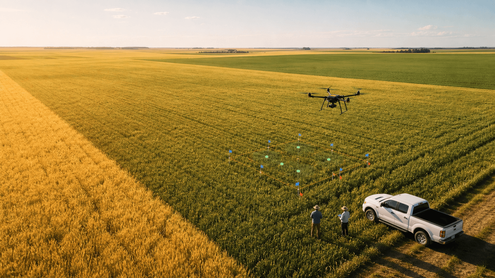 A Saskatchewan grain field with a small drone, a marked crop-sampling plot, and two researchers checking field data beside a farm truck.