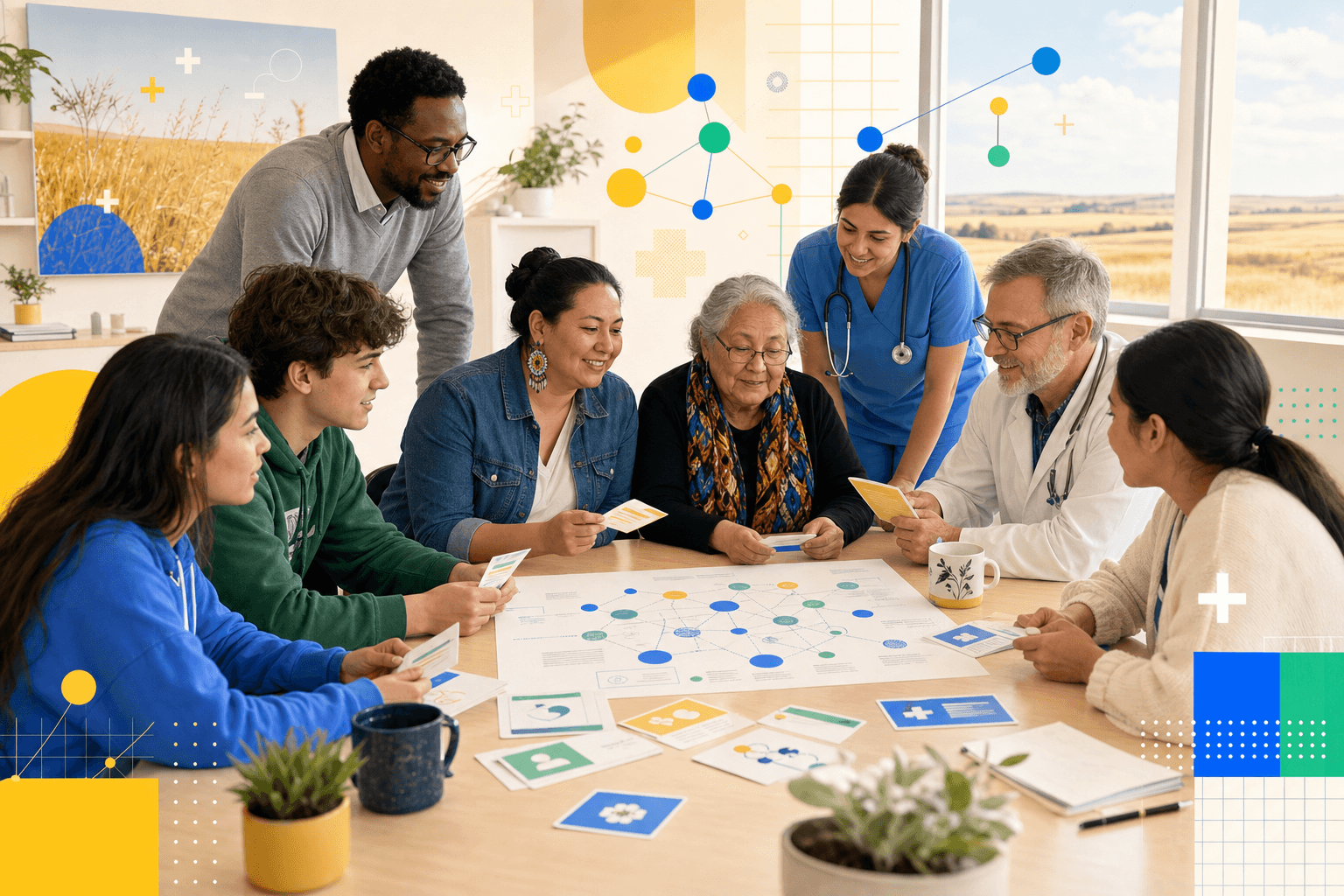 Saskatchewan community members, students, and clinicians reviewing health information cards and an AI evidence map in a bright workshop setting.
