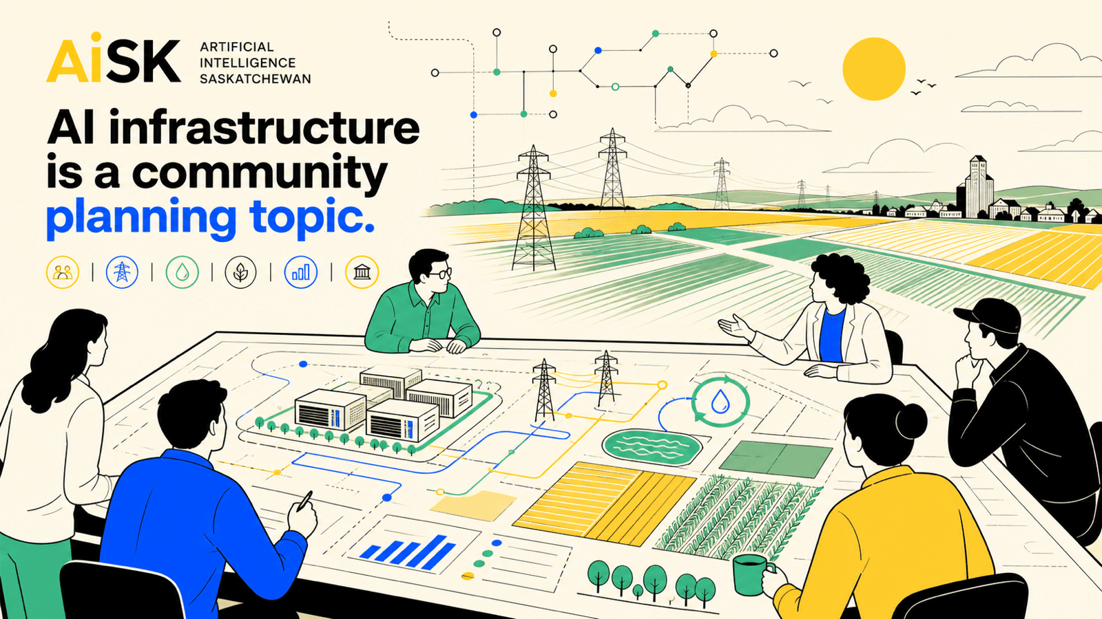 Saskatchewan community members reviewing an AI infrastructure planning map with data centres, power lines, water systems, and prairie fields.