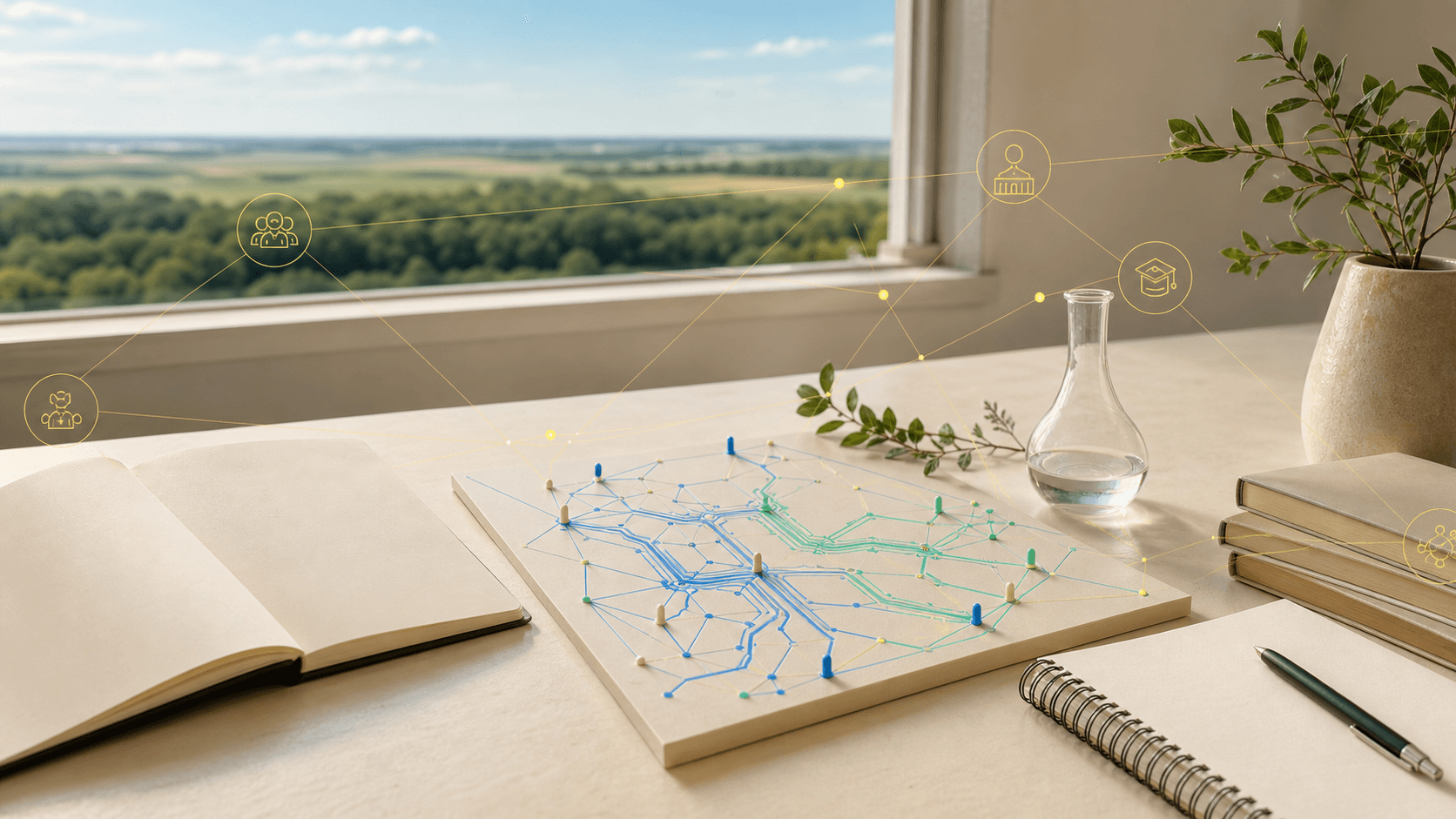 A bright Saskatchewan research desk with open notebooks, a glass vessel, a blue and mint collaboration map, and a prairie horizon through a window.
